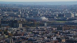AX119_041E - 5.5K aerial stock footage of Yankee Baseball Stadium in Autumn, The Bronx, New York City