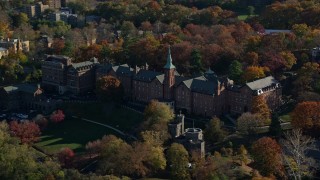 AX119_061E - 5.5K aerial stock footage of the College of Mount Saint Vincent in Autumn, Yonkers, New York