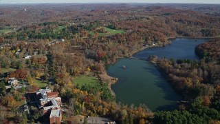 AX119_090 - 5.5K aerial stock footage of approaching historic Kykuit Estate in Autumn, Westchester County, New York