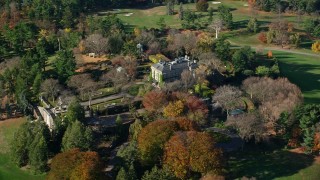 AX119_093E - 5.5K aerial stock footage of orbiting the historic Kykuit Estate in Autumn, Westchester County, New York