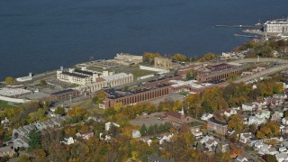 AX119_113 - 5.5K aerial stock footage of Sing Sing Prison in Autumn, Ossining, New York