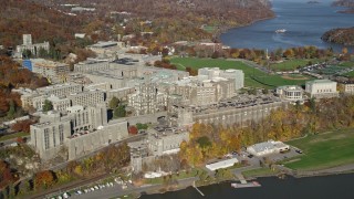 AX119_164E - 5.5K aerial stock footage of West Point Military Academy in Autumn, West Point, New York