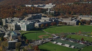 AX119_168 - 5.5K aerial stock footage orbit the West Point Military Academy in Autumn, West Point, New York