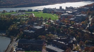 AX119_173 - 5.5K aerial stock footage orbit the campus of West Point Military Academy in Autumn, West Point, New York