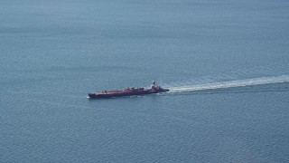 AX119_235 - 5.5K aerial stock footage of an oil tanker sailing Long Island Sound