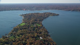 AX119_240 - 5.5K aerial stock footage of oceanfront mansions in Autumn, Oyster Bay, New York