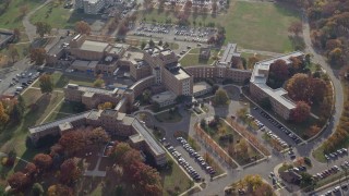 AX120_045E - 5.5K stock footage aerial video approach a hospital in Autumn, Jamaica, Queens, New York City