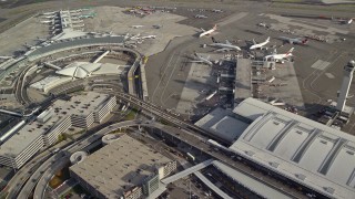 AX120_059 - 5.5K aerial stock footage of terminals at John F Kennedy International Airport, New York