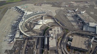 AX120_064 - 5.5K stock footage aerial video fly over terminals at John F Kennedy International Airport, New York
