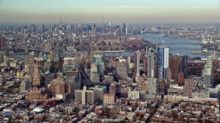 AX120_088 - 5.5K aerial stock footage of Brooklyn's downtown skyscrapers in Autumn, New York City