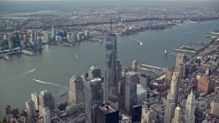 AX120_098 - 5.5K aerial stock footage of Freedom Tower in Lower Manhattan, New York City