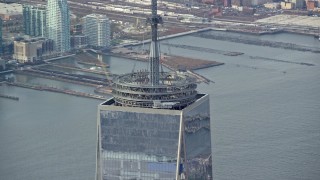 AX120_099 - 5.5K aerial stock footage of the top of Freedom Tower in Lower Manhattan, New York City