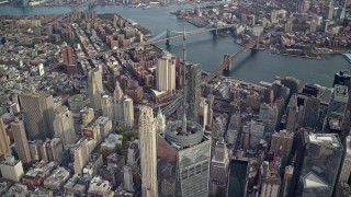 AX120_103E - 5.5K aerial stock footage of orbiting around the spire of Freedom Tower in Lower Manhattan, New York City