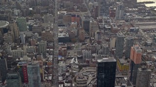 AX120_172 - 5.5K aerial stock footage of 9th Avenue and Lincoln Tunnel Entrance in Hell's Kitchen, Midtown, New York City