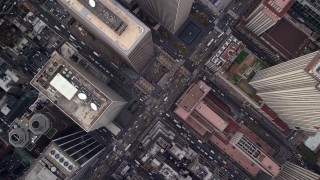 AX120_192 - 5.5K stock footage aerial video of a bird's eye of city streets in Midtown, New York City