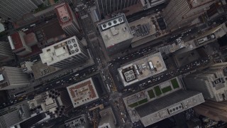AX120_236E - 5.5K aerial stock footage of a bird's eye of Midtown streets and high-rises, New York City