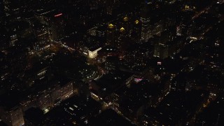 AX122_105 - 5.5K stock footage aerial video approach Union Square at Night in Gramercy, New York City