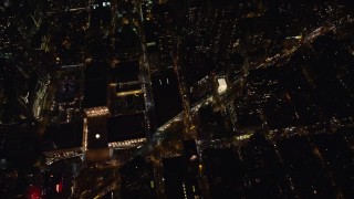 AX122_181 - 5.5K stock footage aerial video of Lincoln Center, Metropolitan Opera House and Upper West Side Streets at Night, NYC