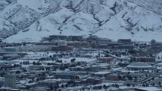 AX124_016 - 5.5K stock footage aerial video of University of Utah Hospital at Sunrise in Winter, Salt Lake City