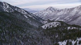 AX124_158E - 5.5K aerial stock footage fly over snowy forest on mountain slopes at sunrise in the Wasatch Range, Utah