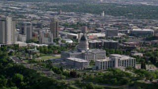 AX129_040 - 5.5K stock footage aerial video of Utah State Capitol and Temple Square in Downtown Salt Lake City, Utah