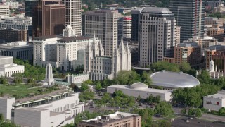 AX129_043 - 5.5K aerial stock footage of Salt Lake Temple, Mormon Tabernacle, Downtown Salt Lake City, Utah