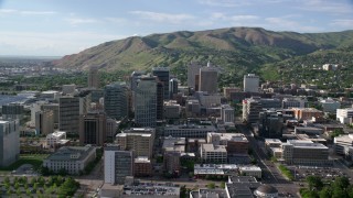 AX129_052 - 5.5K stock footage aerial video of approaching buildings in Downtown Salt Lake City, Utah
