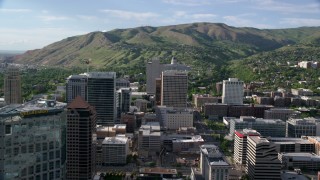 AX129_053 - 5.5K stock footage aerial video fly over city buildings, approach Utah State Capitol, Downtown Salt Lake City, Utah