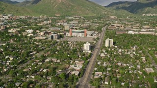 AX129_064E - 5.5K aerial stock footage of flying by the University of Utah, Salt Lake City, Utah