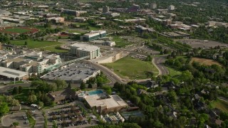 AX129_075 - 5.5K aerial stock footage of the University of Utah Hospital buildings, Salt Lake City, Utah