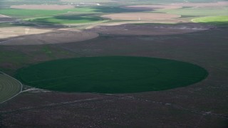 AX130_085 - 5.5K aerial stock footage of passing by green circular crop fields, Elberta, Utah