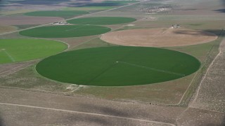 AX130_091 - 5.5K aerial stock footage of approaching green circular crop fields, Elberta, Utah