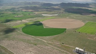 AX130_099E - 5.5K aerial stock footage of passing by Pac-man shaped and circular crop fields, Elberta, Utah