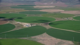 AX130_104 - 5.5K aerial stock footage of flying by large field of circular crop fields, Elberta, Utah