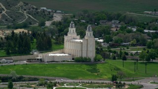 AX130_146 - 5.5K stock footage video orbit the Manti-Utah Temple, Manti, Utah