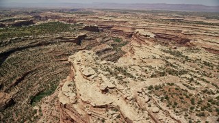 AX136_070 - 5.5K aerial stock footage of deep canyons, mesas topped desert vegetation, Cedar Mesa, Utah