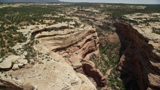 AX136_106 - 5.5K aerial stock footage of flying over Grand Gulch, panning over desert plants, Grand Gulch Primitive Area, Utah