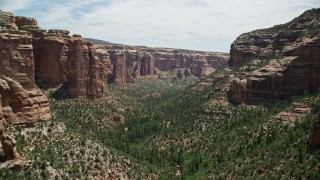 AX136_149E - 5.5K aerial stock footage of trees and tall rock formations in Arch Canyon, Utah