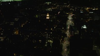 AX141_088E - 5.5K aerial stock footage approaching Harvard University and Lowell House, Massachusetts, night