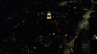 AX141_090 - 5.5K aerial stock footage flying by Lowell House, Harvard University, Massachusetts, night