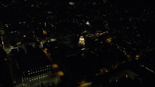 AX141_092 - 5.5K stock footage aerial video flying away from Lowell House, Harvard University, Massachusetts, night