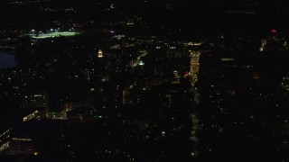AX141_097E - 5.5K aerial stock footage flying by Lowell House, Adams House, Harvard University, Massachusetts, night