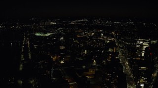 AX141_156 - 5.5K aerial stock footage flying by MIT campus, Massachusetts Institute of Technology, Cambridge, Massachusetts, night