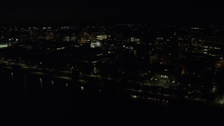 AX141_158 - 5.5K aerial stock footage flying by Maclaurin Building, Massachusetts Institute of Technology, Cambridge, Massachusetts, night