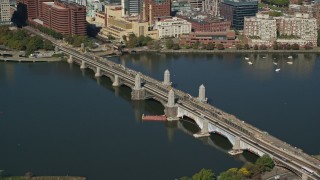 AX142_041 - 5.5K aerial stock footage flying by the Longfellow Bridge spanning the Charles River, Boston, Massachusetts