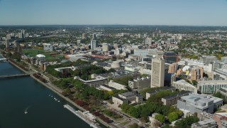 AX142_042 - 5.5K stock footage aerial video approaching Massachusetts Institute of Technology (MIT), Cambridge, Massachusetts