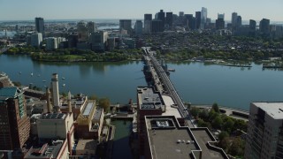 AX142_064 - 5.5K stock footage aerial video approaching Longfellow Bridge, Downtown Boston, Cambridge, Massachusetts