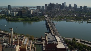 AX142_064E - 5.5K aerial stock footage approaching Longfellow Bridge, Downtown Boston, Cambridge, Massachusetts