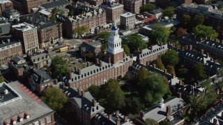 AX142_088 - 5.5K aerial stock footage orbiting Harvard University, Lowell House, Cambridge, Massachusetts