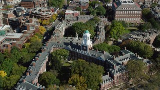 AX142_096 - 5.5K stock footage aerial video orbiting Harvard University, Eliot House, Cambridge, Massachusetts